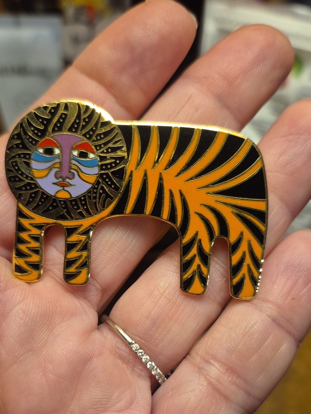 Laurel Burch 1980s Vintage Gold Tone Cloisonne Enamel "TIGRE" Brooch, Signed